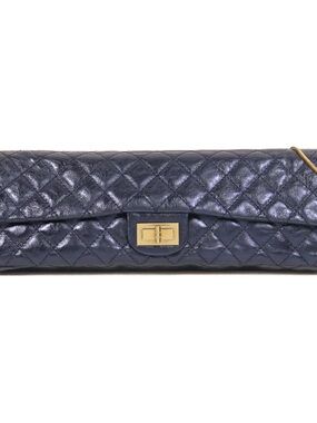 CHANEL EAST WEST Quilted Navy Leather Clutch with Gold Turn-Lock EXTRA LONG